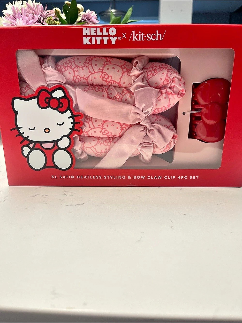 Kitsch Hello Kitty XL Satin Heatless Styling & Bow Claw Clip 4pc Set Pink Satin